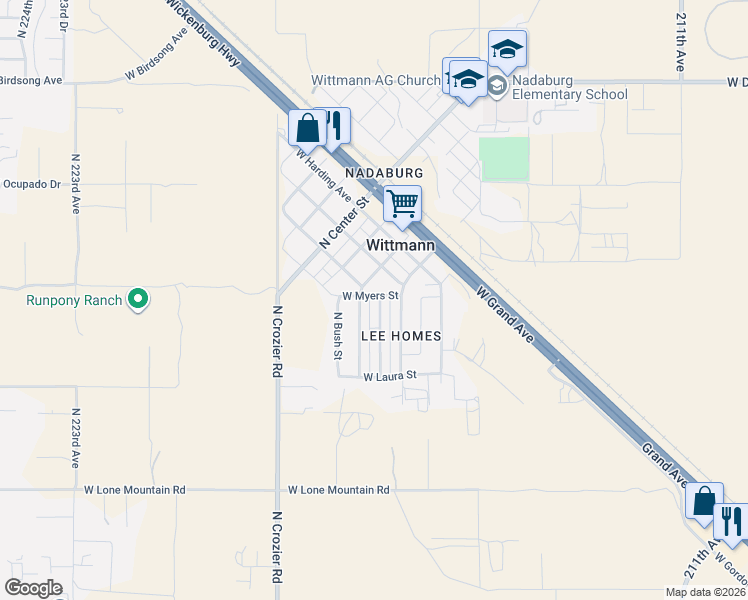 map of restaurants, bars, coffee shops, grocery stores, and more near 32021 North Walnut Street in Wittmann