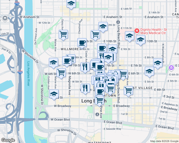 map of restaurants, bars, coffee shops, grocery stores, and more near 555 Pacific Avenue in Long Beach