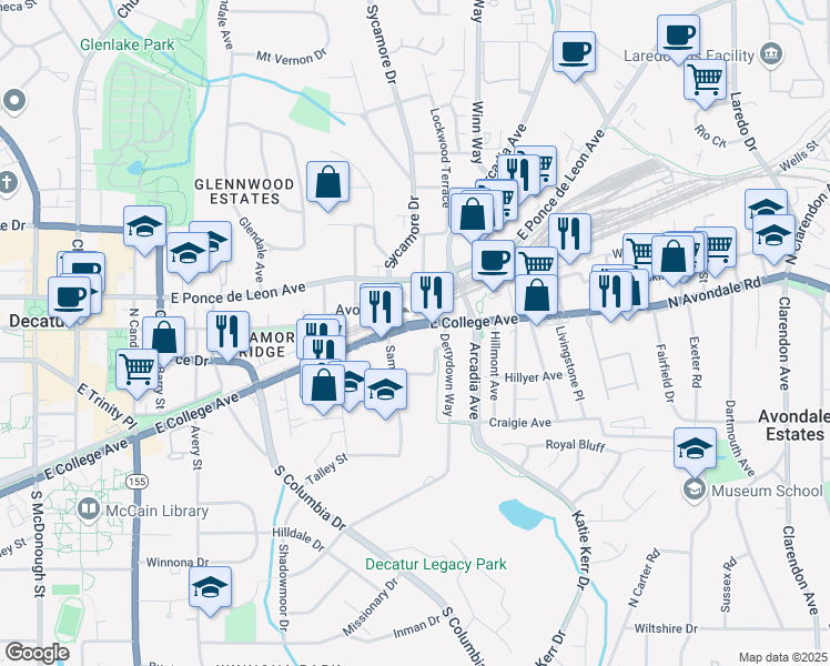 map of restaurants, bars, coffee shops, grocery stores, and more near 2657 East College Avenue in Decatur