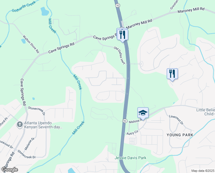 map of restaurants, bars, coffee shops, grocery stores, and more near 5348 Brickleberry Way in Douglasville