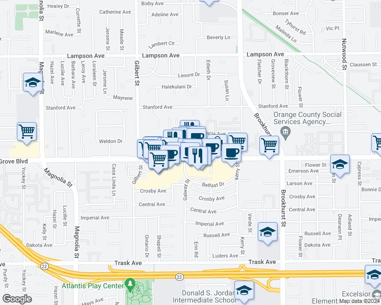 map of restaurants, bars, coffee shops, grocery stores, and more near in Garden Grove