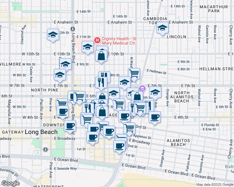map of restaurants, bars, coffee shops, grocery stores, and more near in Long Beach
