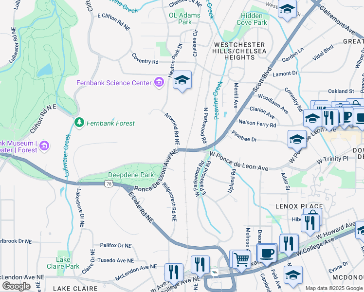 map of restaurants, bars, coffee shops, grocery stores, and more near 841 Artwood Road Northeast in Atlanta