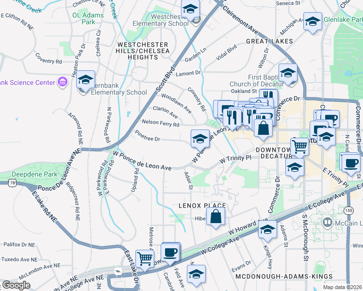 map of restaurants, bars, coffee shops, grocery stores, and more near 650 Pinetree Drive in Decatur