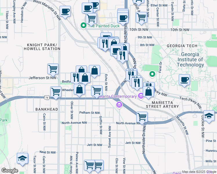 map of restaurants, bars, coffee shops, grocery stores, and more near 676 Wheeler Street Northwest in Atlanta