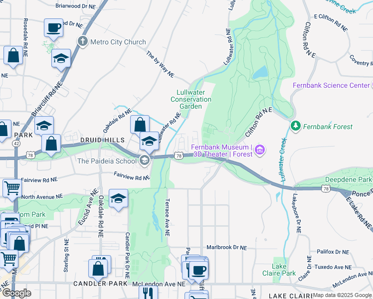 map of restaurants, bars, coffee shops, grocery stores, and more near 9 Lullwater Estate Northeast in Atlanta