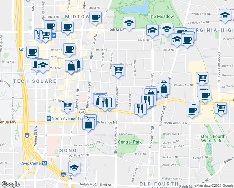 map of restaurants, bars, coffee shops, grocery stores, and more near 4th St NE & Argonne Ave NE in Atlanta