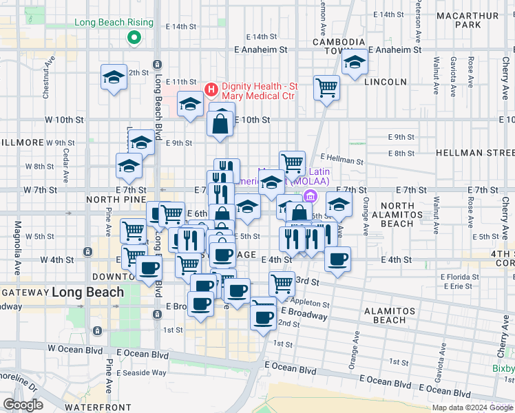 map of restaurants, bars, coffee shops, grocery stores, and more near in Long Beach