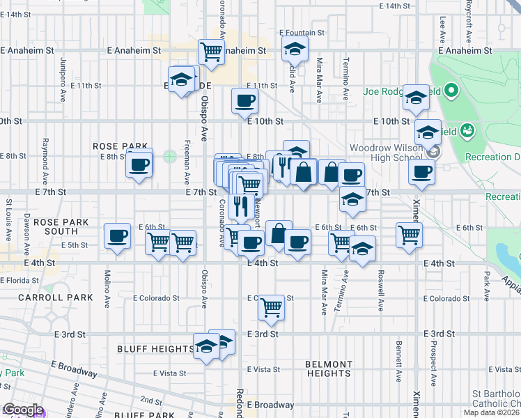 map of restaurants, bars, coffee shops, grocery stores, and more near 623 Loma Avenue in Long Beach