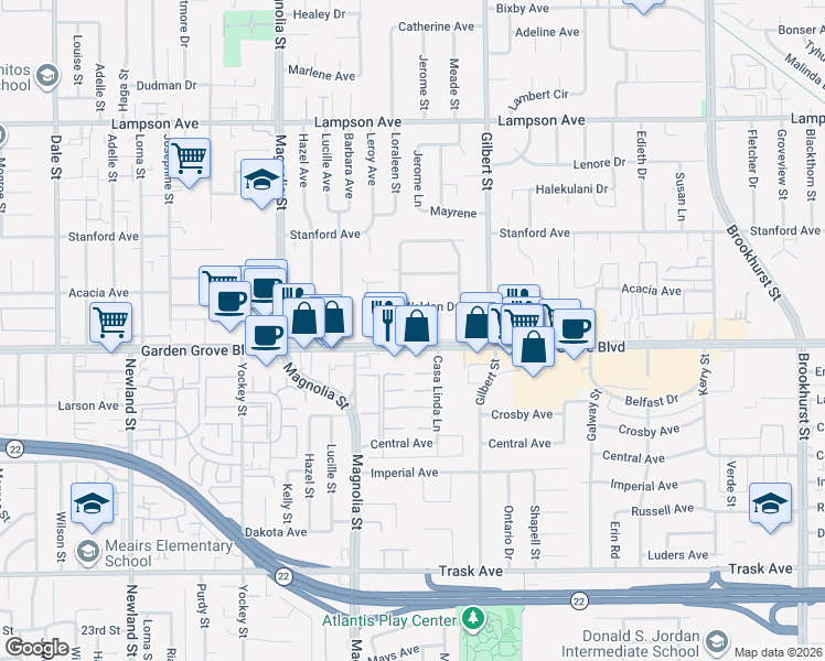 map of restaurants, bars, coffee shops, grocery stores, and more near 9301 Nichols Drive in Garden Grove