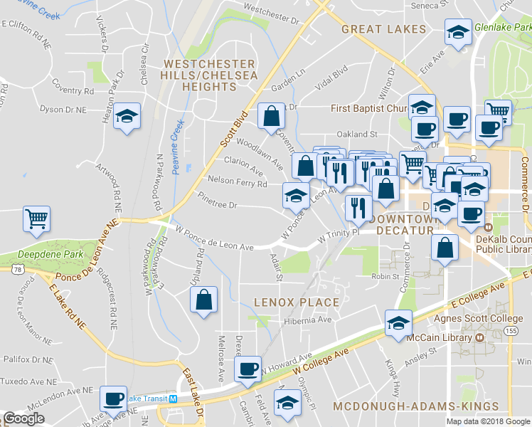 map of restaurants, bars, coffee shops, grocery stores, and more near 650 Pinetree Drive in Decatur