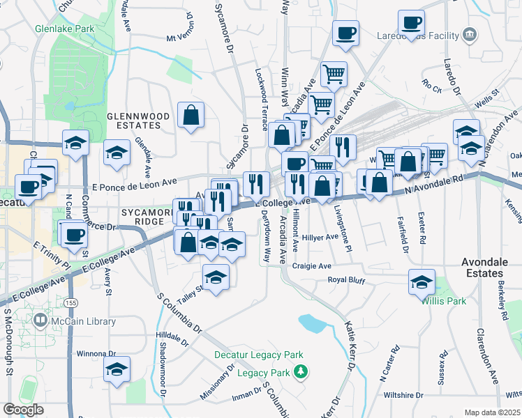 map of restaurants, bars, coffee shops, grocery stores, and more near 716 Derrydown Way in Decatur