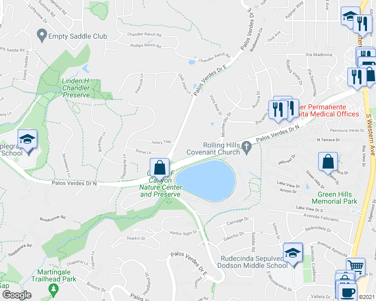 map of restaurants, bars, coffee shops, grocery stores, and more near 9 Casaba Road in Palos Verdes Estates