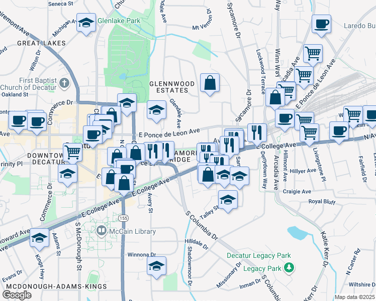 map of restaurants, bars, coffee shops, grocery stores, and more near 729 Sycamore Street in Decatur