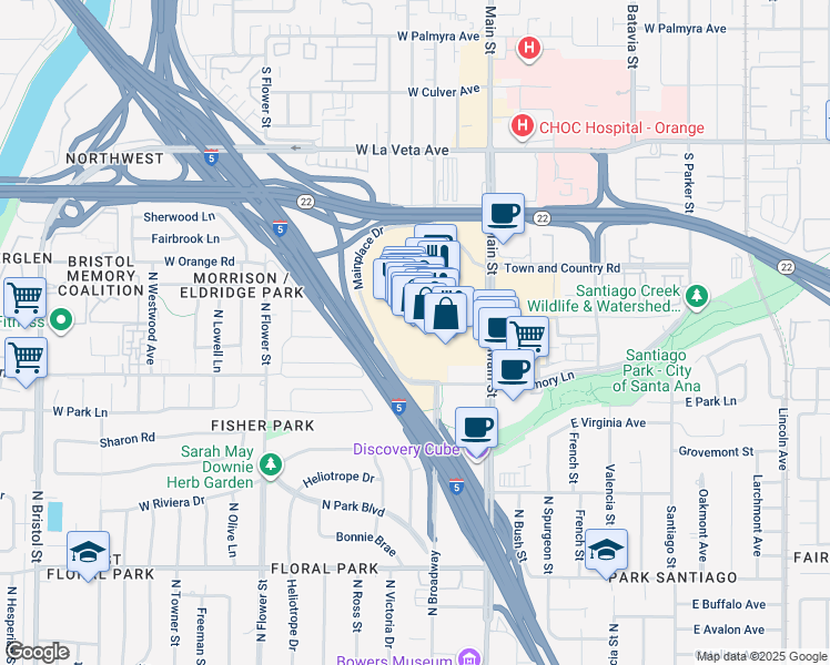 map of restaurants, bars, coffee shops, grocery stores, and more near 2800 North Main Street in Santa Ana