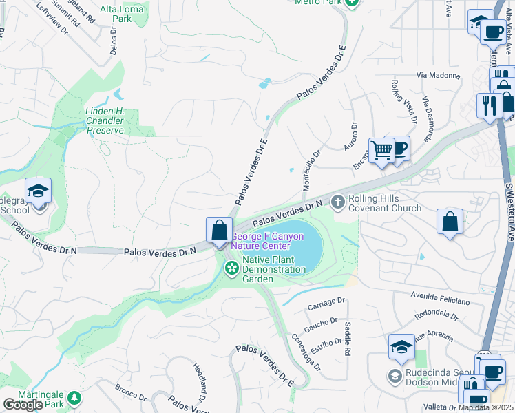 map of restaurants, bars, coffee shops, grocery stores, and more near 9 Casaba Road in Palos Verdes Estates