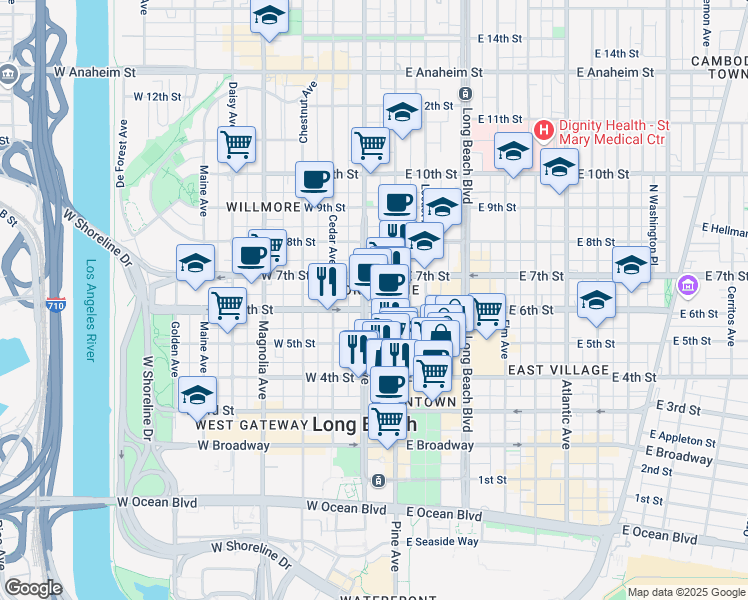 map of restaurants, bars, coffee shops, grocery stores, and more near 137 West 6th Street in Long Beach