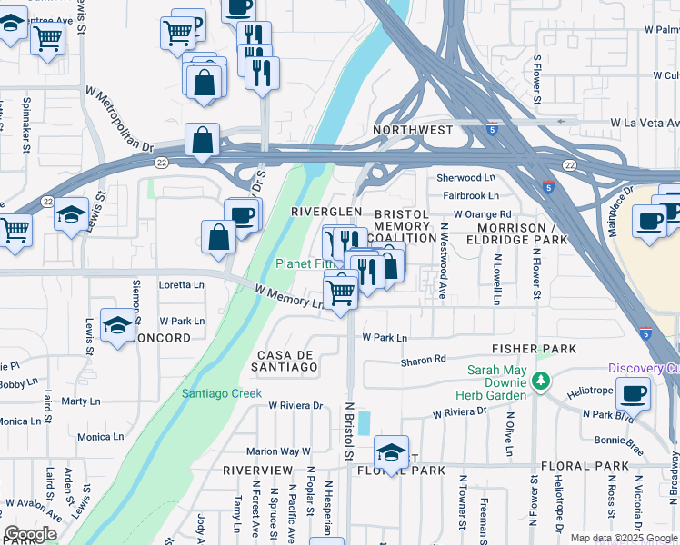 map of restaurants, bars, coffee shops, grocery stores, and more near 2736 North Bristol Street in Santa Ana