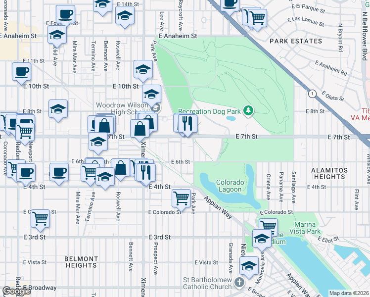 map of restaurants, bars, coffee shops, grocery stores, and more near 650 Roycroft Avenue in Long Beach