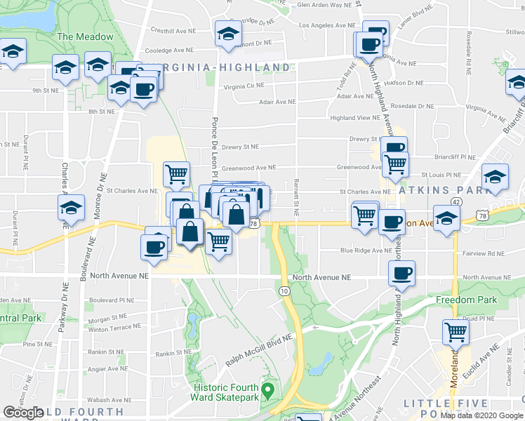map of restaurants, bars, coffee shops, grocery stores, and more near 790 Ponce De Leon Avenue Northeast in Atlanta