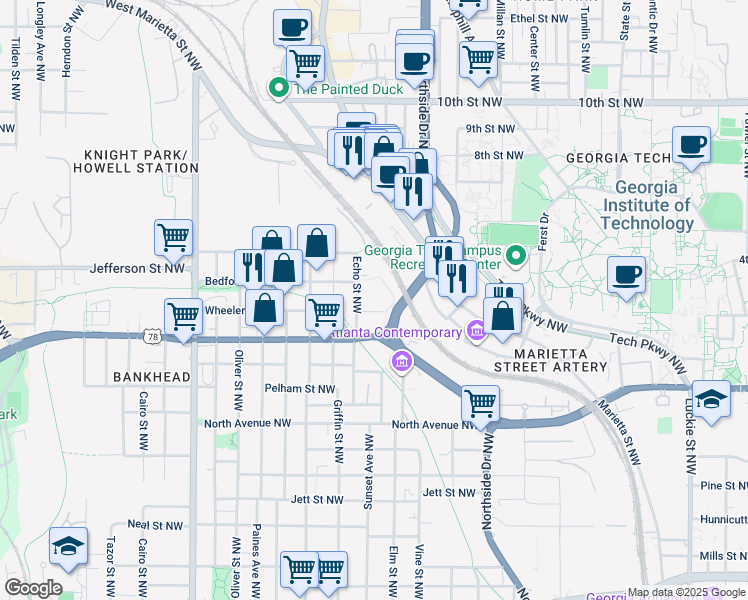 map of restaurants, bars, coffee shops, grocery stores, and more near 676 Wheeler Street Northwest in Atlanta
