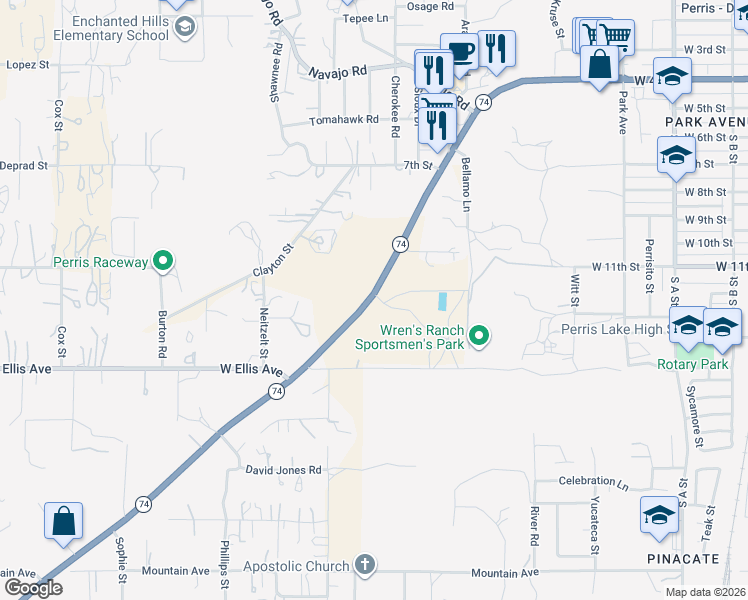map of restaurants, bars, coffee shops, grocery stores, and more near 23836 California 74 in Perris