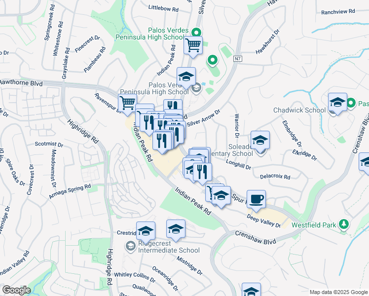 map of restaurants, bars, coffee shops, grocery stores, and more near 430 Silver Spur Road in Rancho Palos Verdes