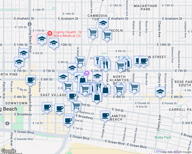 map of restaurants, bars, coffee shops, grocery stores, and more near 621 Cerritos Ave in Long Beach