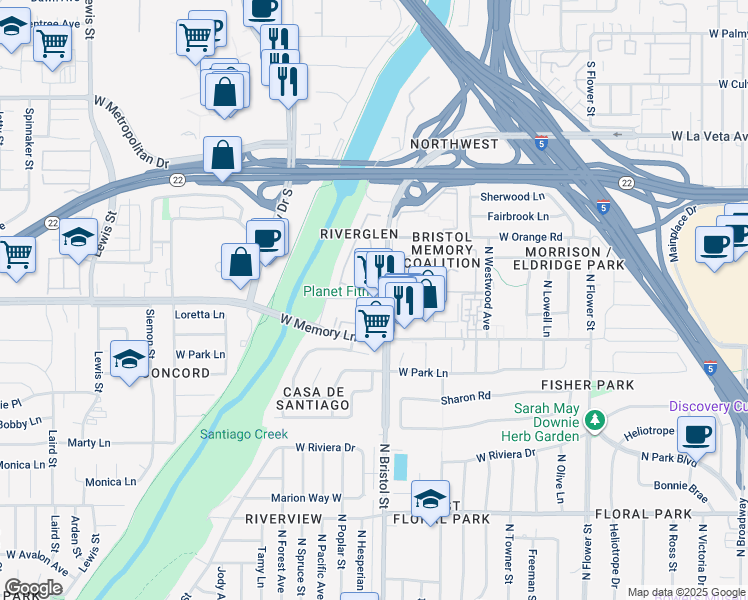 map of restaurants, bars, coffee shops, grocery stores, and more near 2736 North Bristol Street in Santa Ana