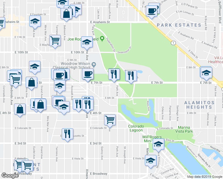 map of restaurants, bars, coffee shops, grocery stores, and more near 650 Roycroft Avenue in Long Beach