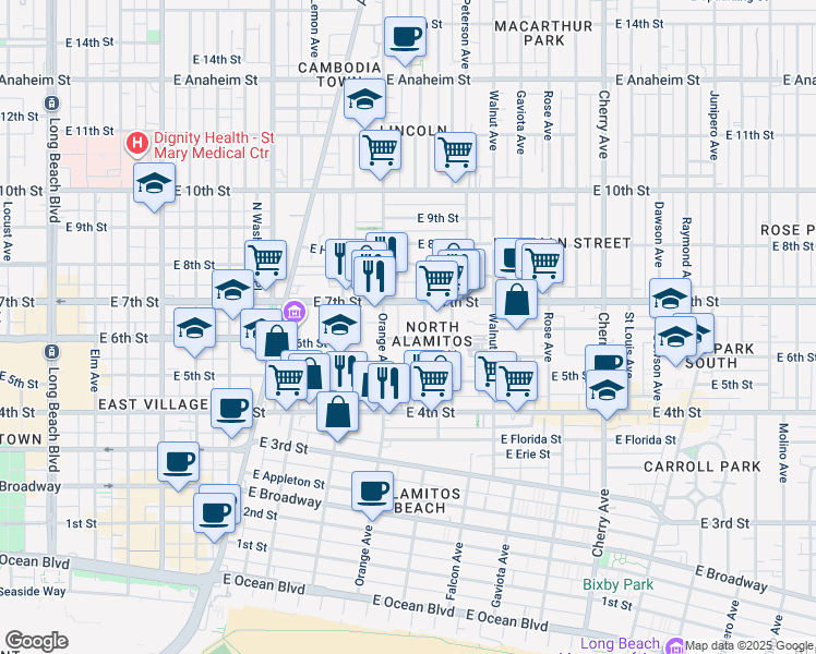 map of restaurants, bars, coffee shops, grocery stores, and more near 1237 East 6th Street in Long Beach