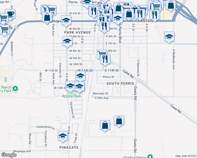 map of restaurants, bars, coffee shops, grocery stores, and more near 104 Midway Street in Perris