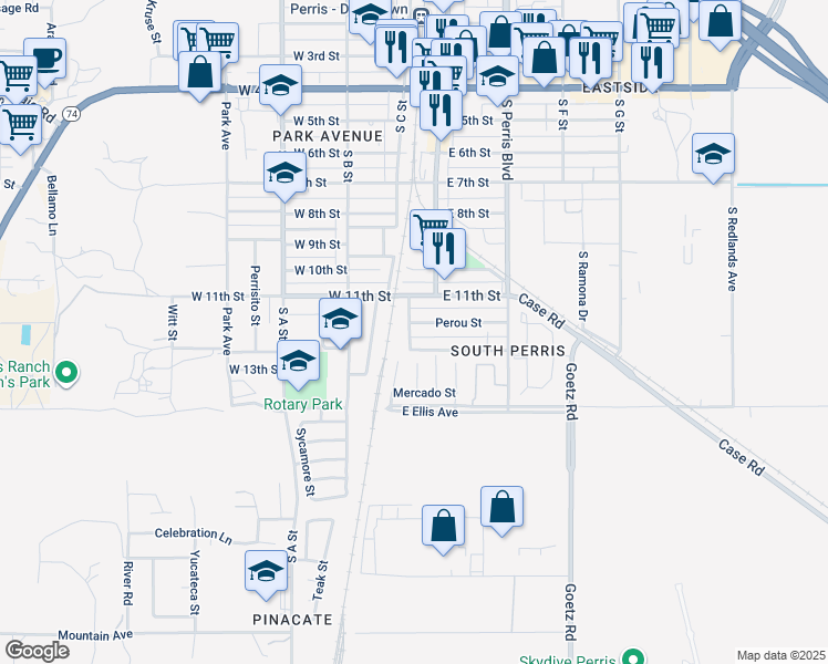 map of restaurants, bars, coffee shops, grocery stores, and more near 104 Midway Street in Perris