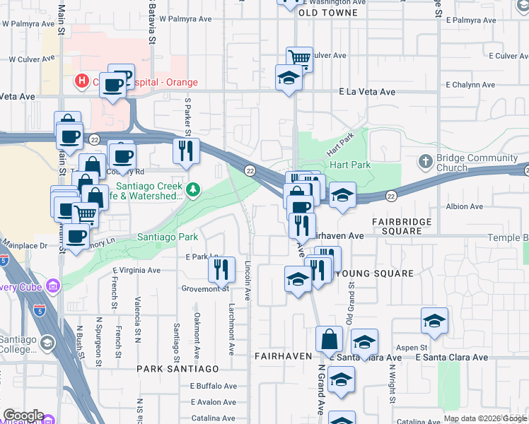 map of restaurants, bars, coffee shops, grocery stores, and more near 1201 Fairhaven Avenue in Santa Ana