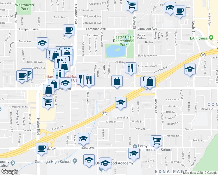 map of restaurants, bars, coffee shops, grocery stores, and more near 12777 Garden Grove Boulevard in Garden Grove