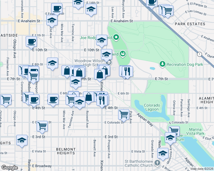 map of restaurants, bars, coffee shops, grocery stores, and more near 616 Ximeno Avenue in Long Beach