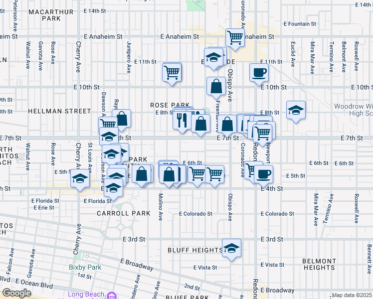 map of restaurants, bars, coffee shops, grocery stores, and more near 2840 East Theresa Street in Long Beach
