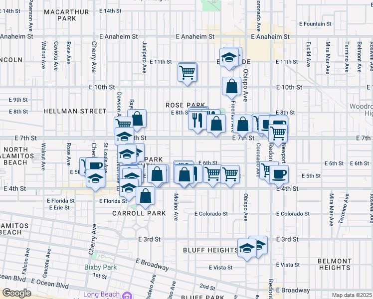 map of restaurants, bars, coffee shops, grocery stores, and more near 2721 East 6th Street in Long Beach