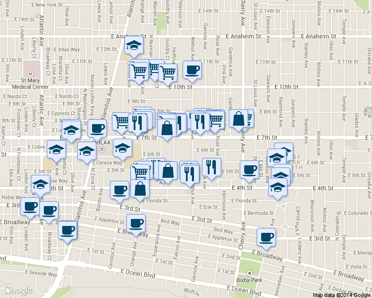 map of restaurants, bars, coffee shops, grocery stores, and more near 575 Walnut Avenue in Long Beach