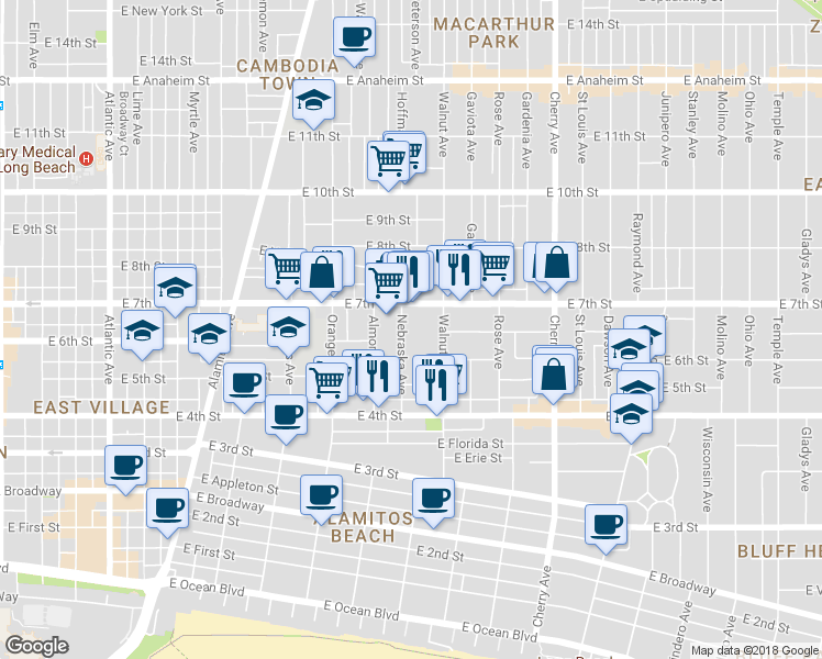 map of restaurants, bars, coffee shops, grocery stores, and more near 575 Walnut Avenue in Long Beach