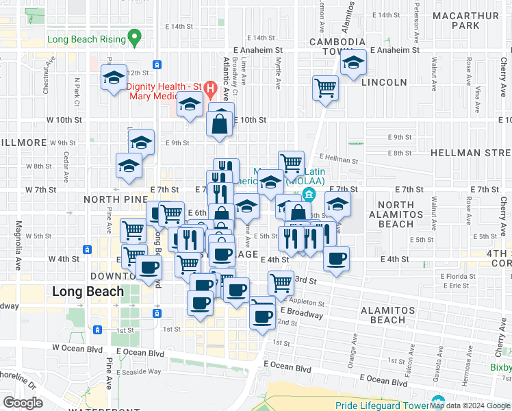 map of restaurants, bars, coffee shops, grocery stores, and more near in Long Beach