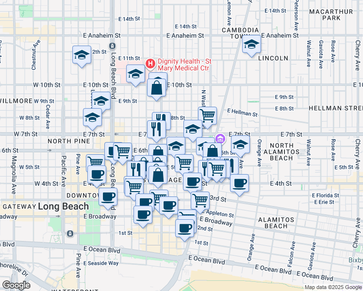 map of restaurants, bars, coffee shops, grocery stores, and more near in Long Beach
