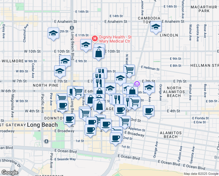 map of restaurants, bars, coffee shops, grocery stores, and more near in Long Beach