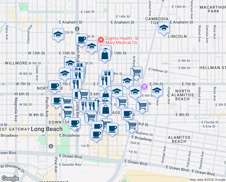 map of restaurants, bars, coffee shops, grocery stores, and more near in Long Beach