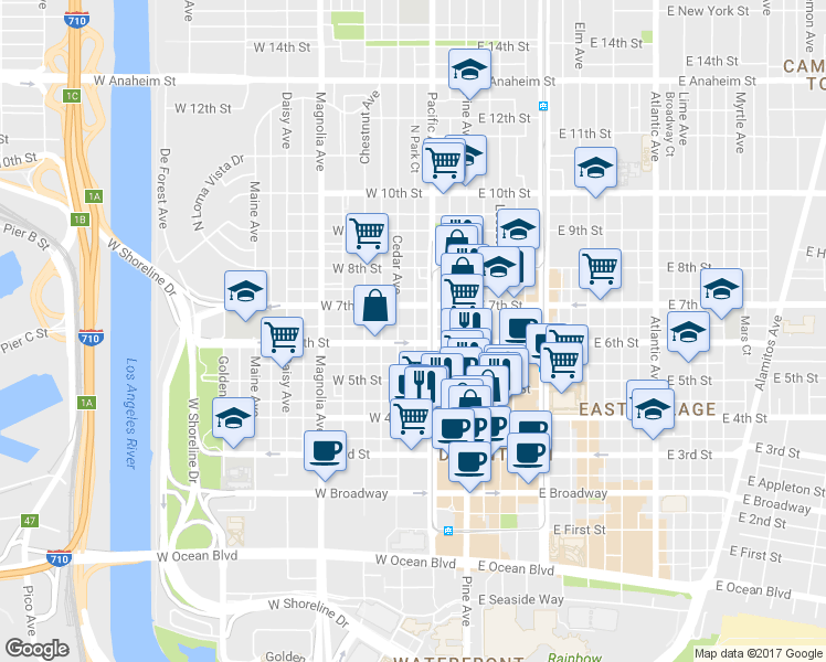 map of restaurants, bars, coffee shops, grocery stores, and more near 555 Pacific Avenue in Long Beach