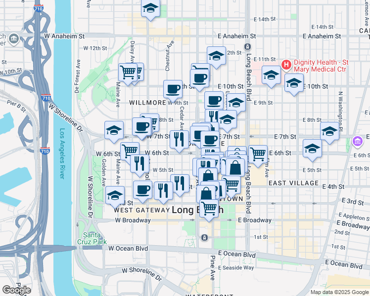 map of restaurants, bars, coffee shops, grocery stores, and more near 314 West 6th Street in Long Beach