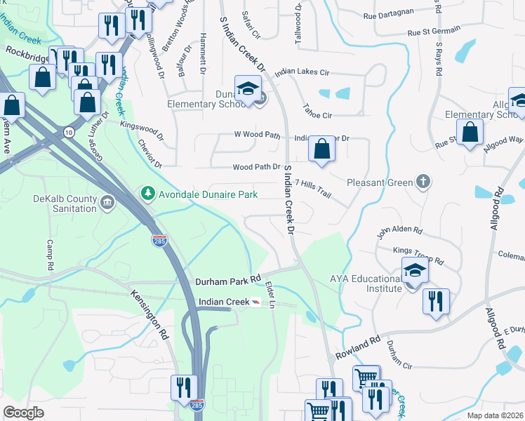 map of restaurants, bars, coffee shops, grocery stores, and more near 701 Durham Crossing in Stone Mountain
