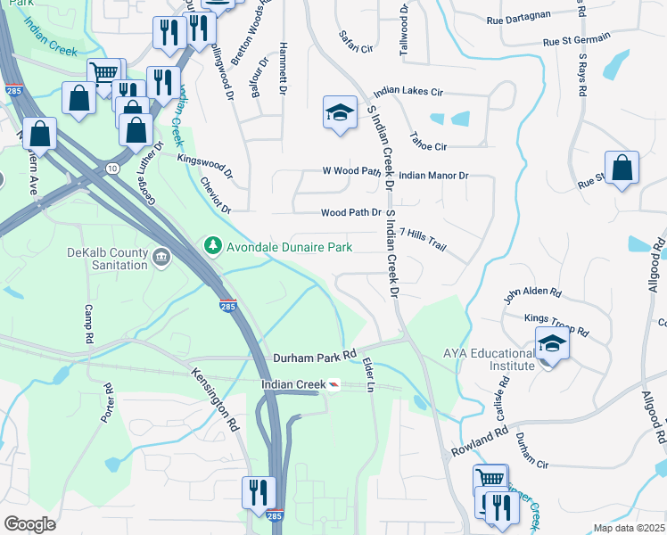 map of restaurants, bars, coffee shops, grocery stores, and more near 3918 South Creek Court in Stone Mountain