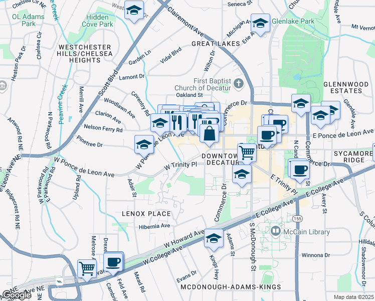 map of restaurants, bars, coffee shops, grocery stores, and more near 415 West Trinity Place in Decatur