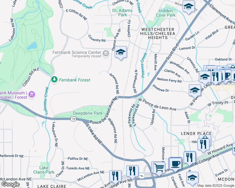 map of restaurants, bars, coffee shops, grocery stores, and more near in Druid Hills